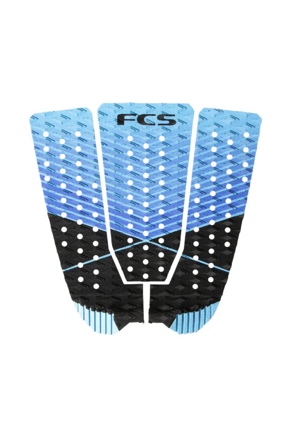FCS surfboard tail pad with blue and black design on a white background