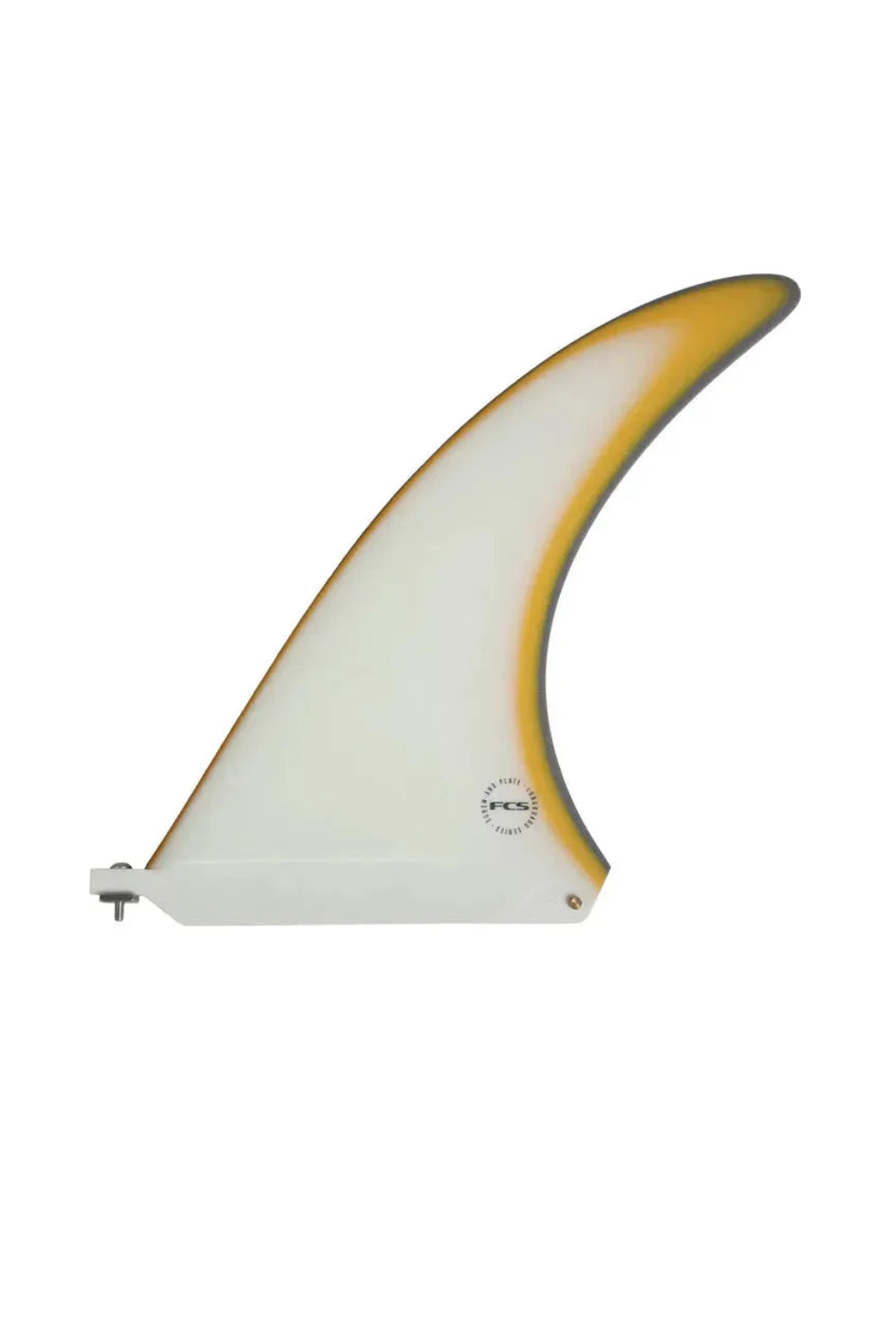 White and yellow surfboard fin on a white background