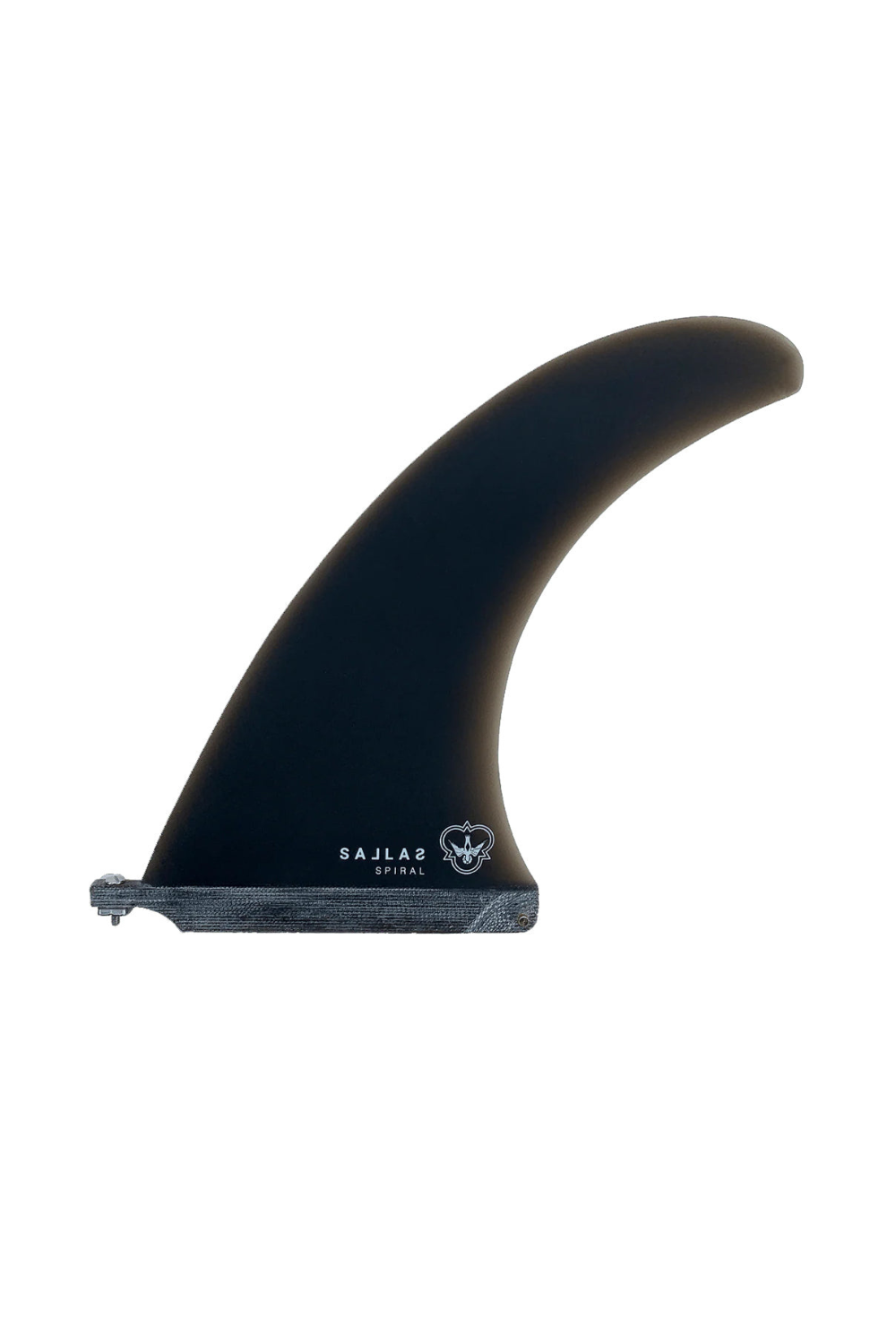 A single black surfboard fin , featuring the white printed brand name 'SALLAS' and logo on the lower section, set against a solid white background.