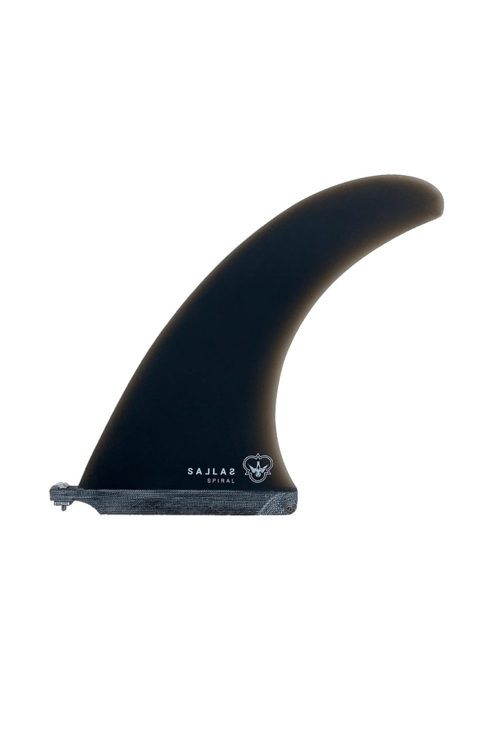 A single black surfboard fin , featuring the white printed brand name 'SALLAS' and logo on the lower section, set against a solid white background.