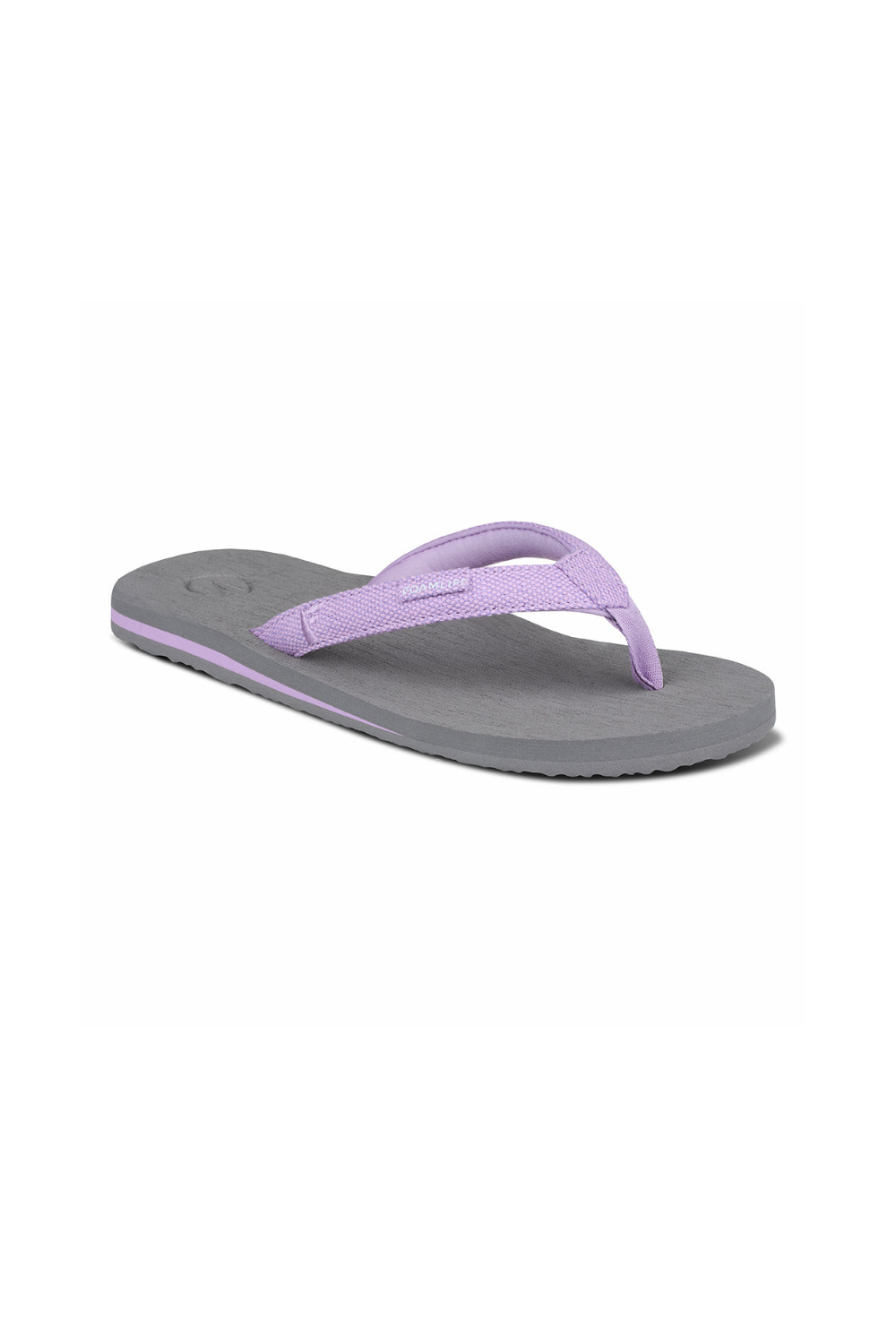 Gray and purple flip flop sandal on a white background