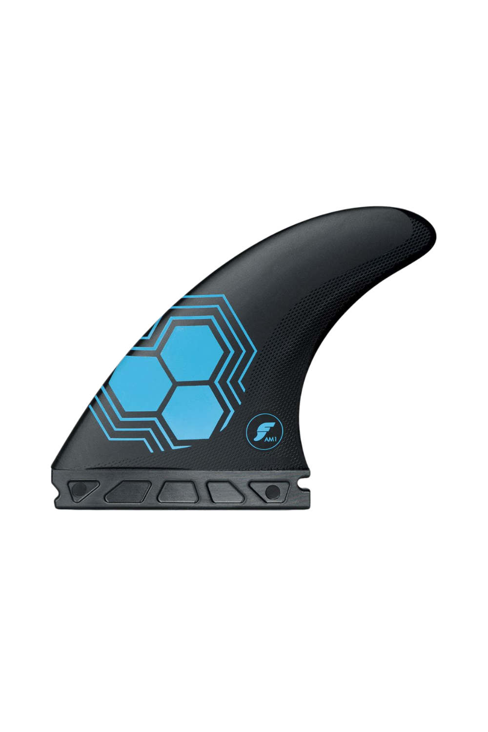 Black and blue surfboard fin with Futures logo