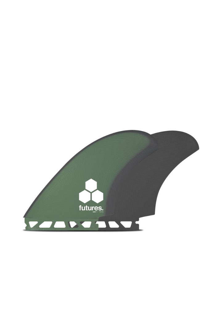 Green and dark grey Futures Channel Islands Britt Merrick Surfboard Twin Fins 
