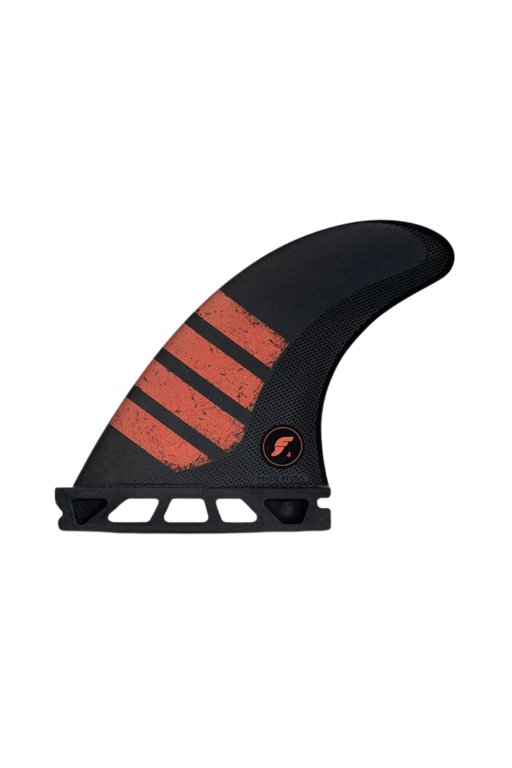 Black and red striped surfboard fin