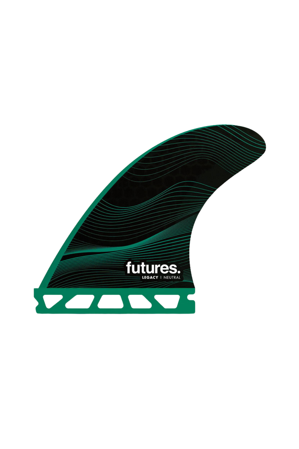 Black and green surfboard fin with Futures branding