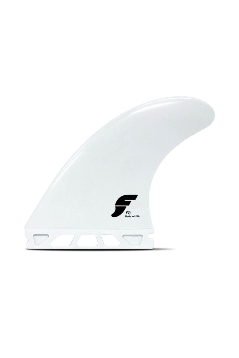 White surfboard fin with a black Futures logo on a white background