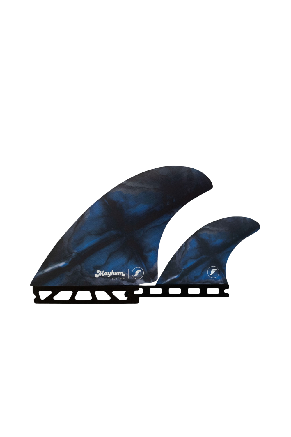 Black and blue surfboard fins with Futures logo