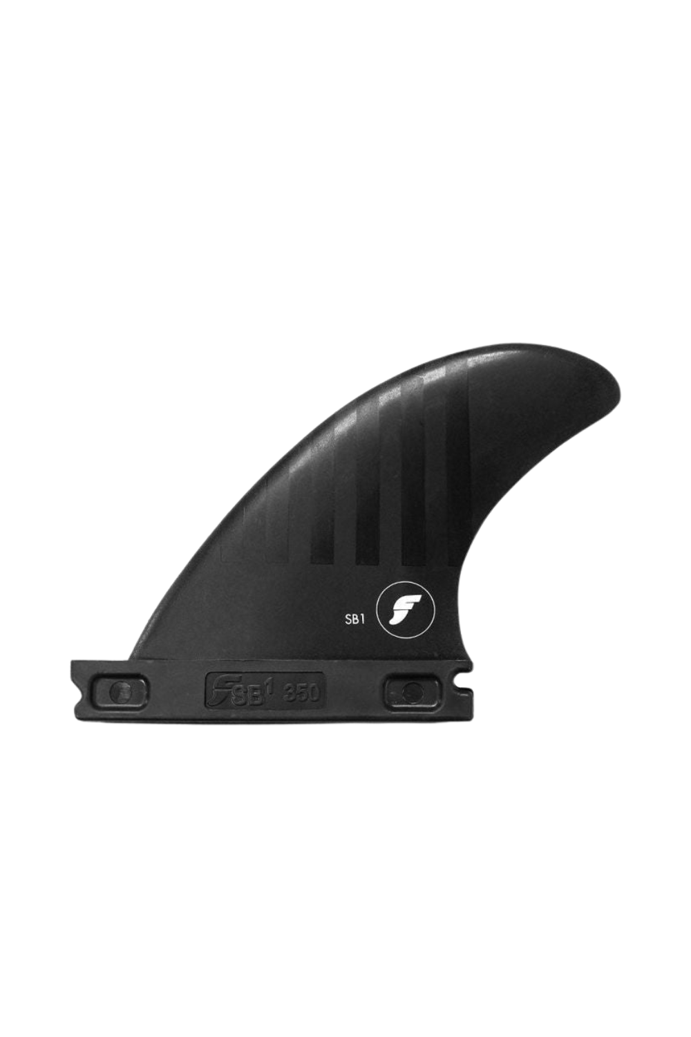 Black surf fin with branding on a white background