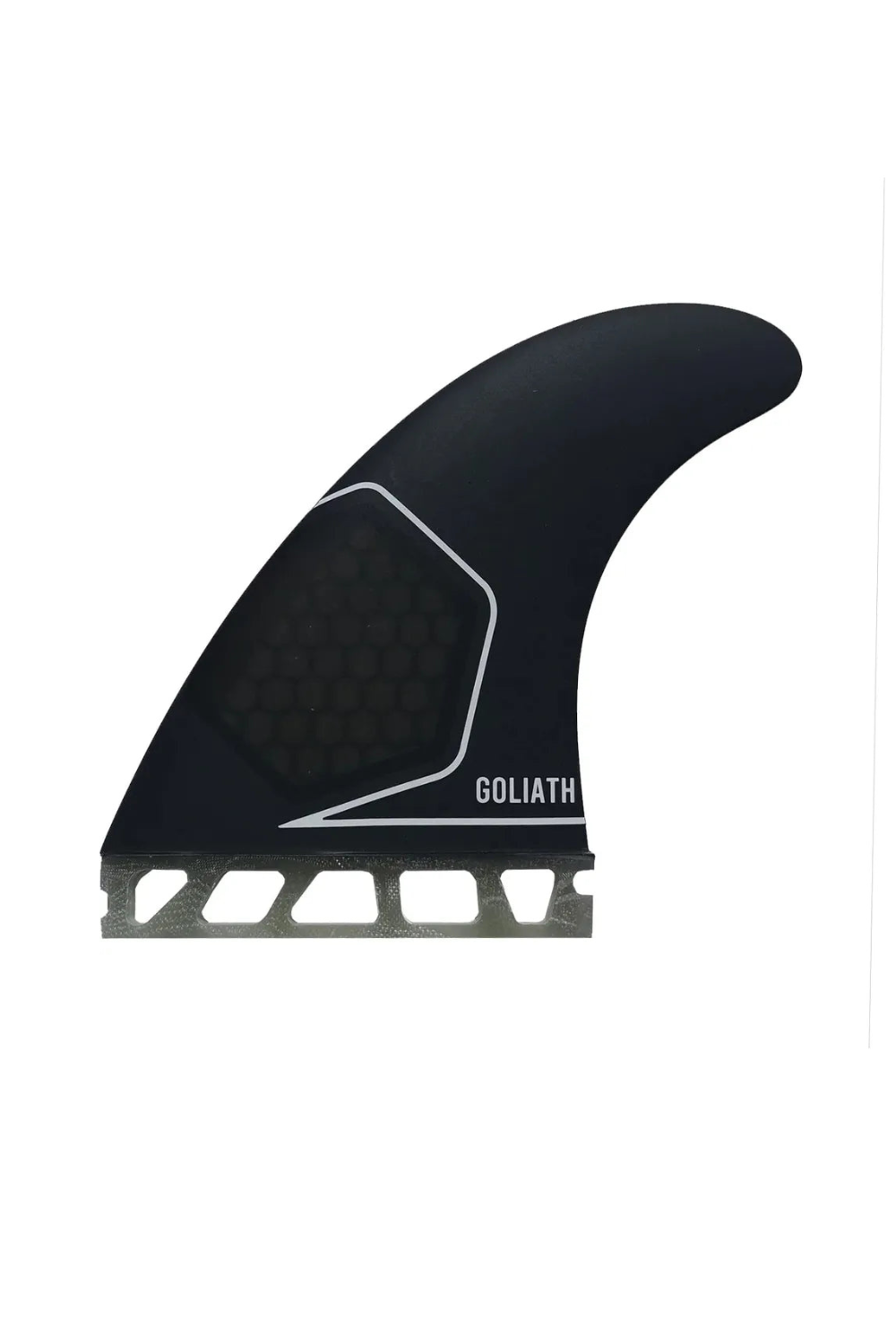 Black surfboard fin with Goliath branding
