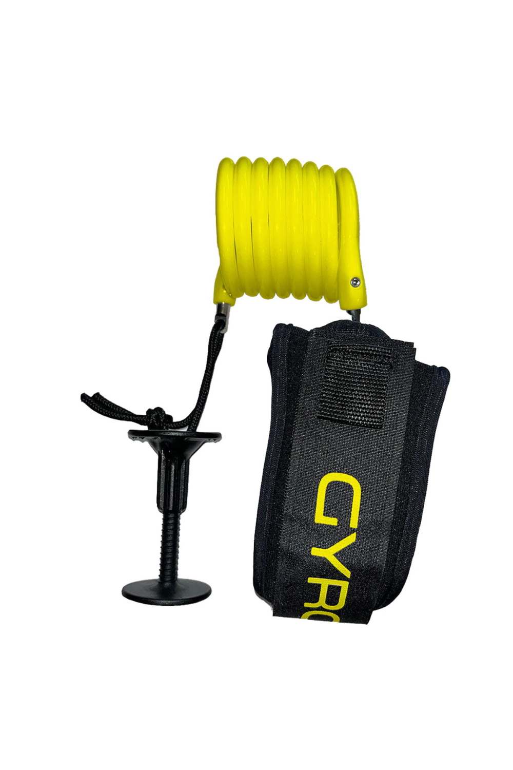 A bright yellow coiled bicep bodyboard leash with a black adjustable  wrist band featuring yellow 'Gyroll' branding, shown on a plain white background.