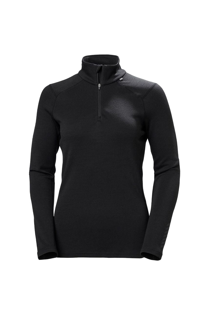 A black Helly Hansen women's midweight merino wool base layer half zip sweater.