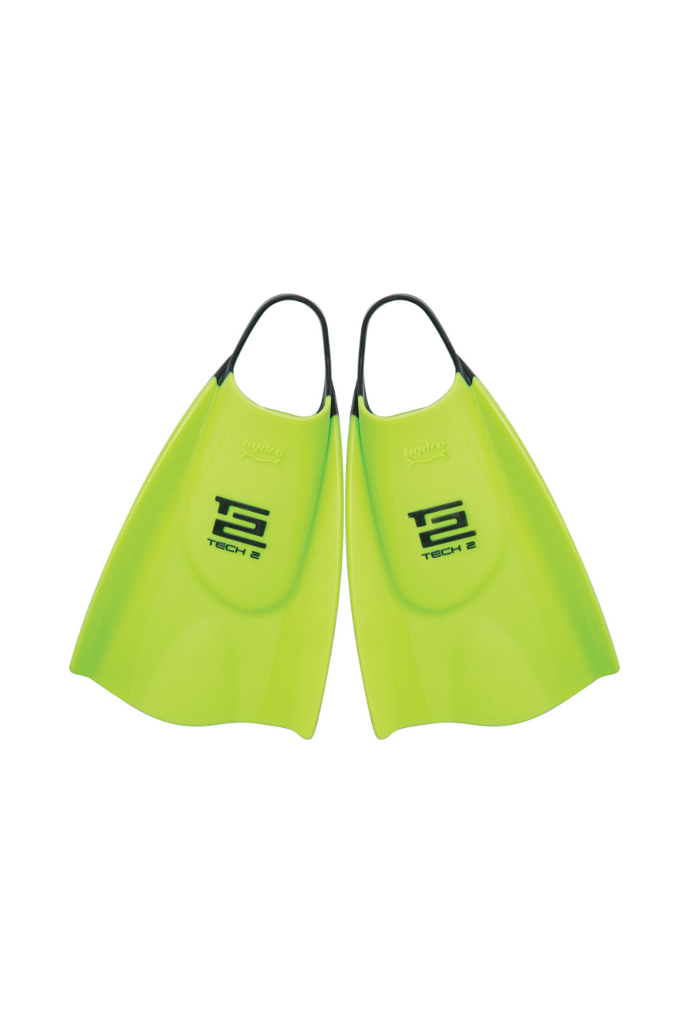 Pair of neon green swim fins with black straps on a white background