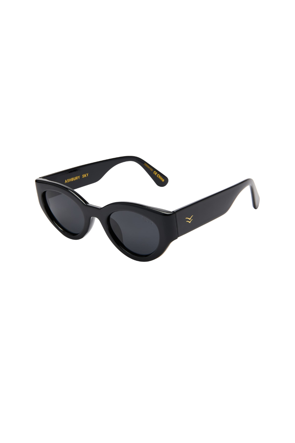 Black I-Sea Ashbury Sky sunglasses with gold accents on a white background