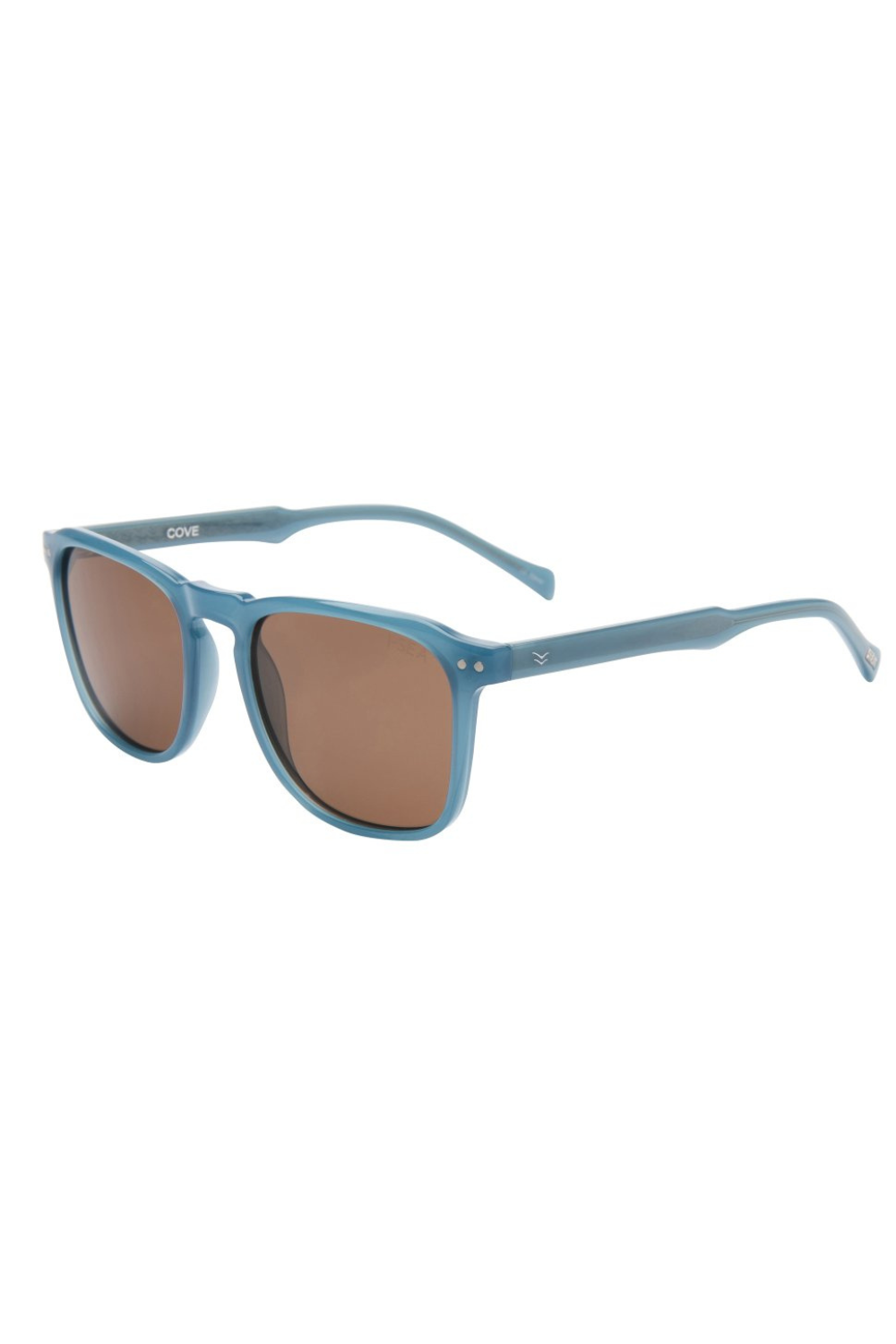 Blue sunglasses with brown lenses on a white background