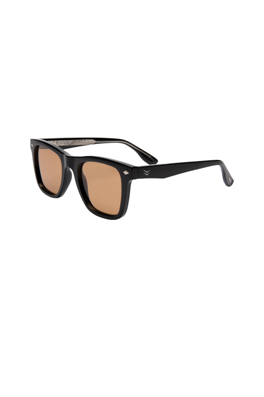 Black sunglasses with brown lenses on a white background