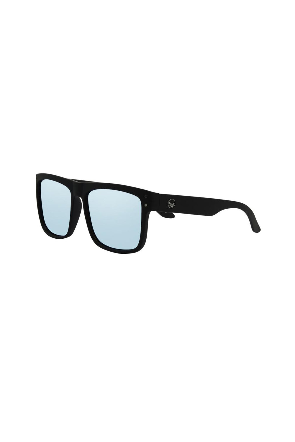 Black sunglasses from I-Sea with blue lenses on a white background
