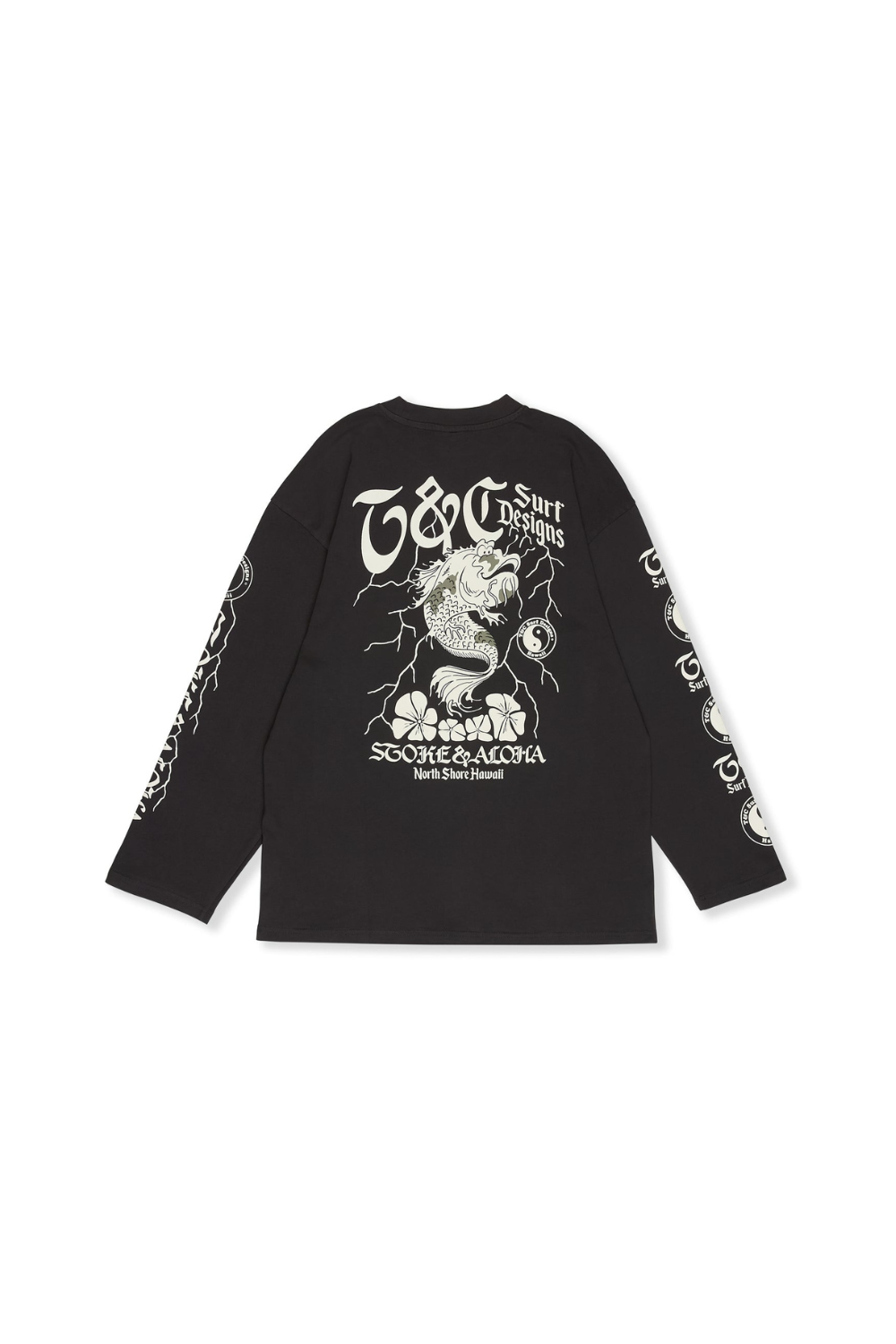 Black long-sleeve T&C Surf Designs t-shirt with white graphic design on a white background