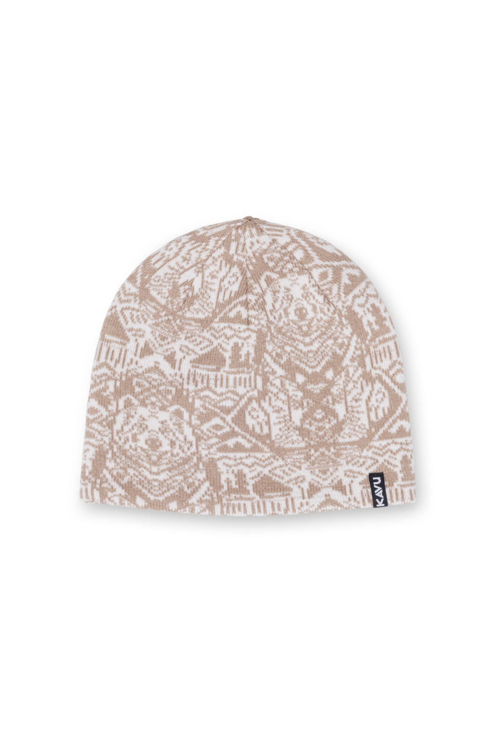 A Kavu knit beanie hat featuring a beige and off-white geometric bear pattern, with a small black brand tag on the lower right side, set against a plain white background.