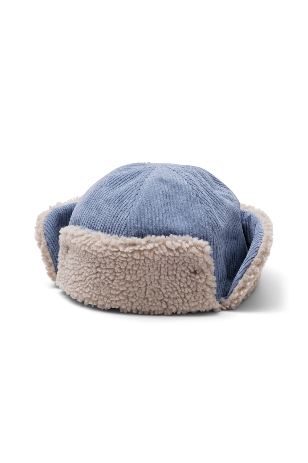 A blue corduroy trapper hat with beige sherpa fleece ear flaps, shown from a rear three-quarter view on a white background.