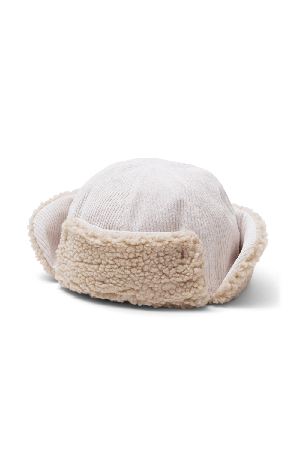 A light beige corduroy hat from Kavu with a soft cream sherpa fleece trim, shown from a side profile on a white background.