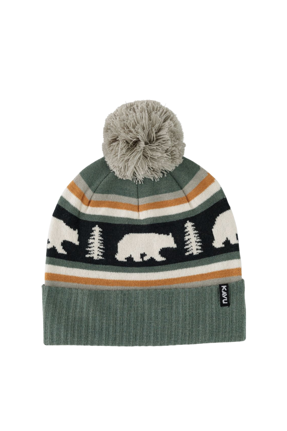 A knit beanie hat with a gray pom-pom, featuring horizontal stripes in sage green, black, cream, and orange, with a knitted pattern of white bears and pine trees. The brand label 'KAVU' is visible on the side cuff.