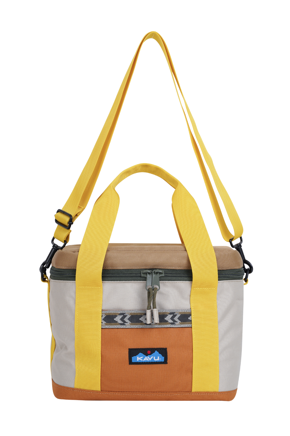 Lunch bag in grey, brown, brick and yellow with a Kavu label on the front
