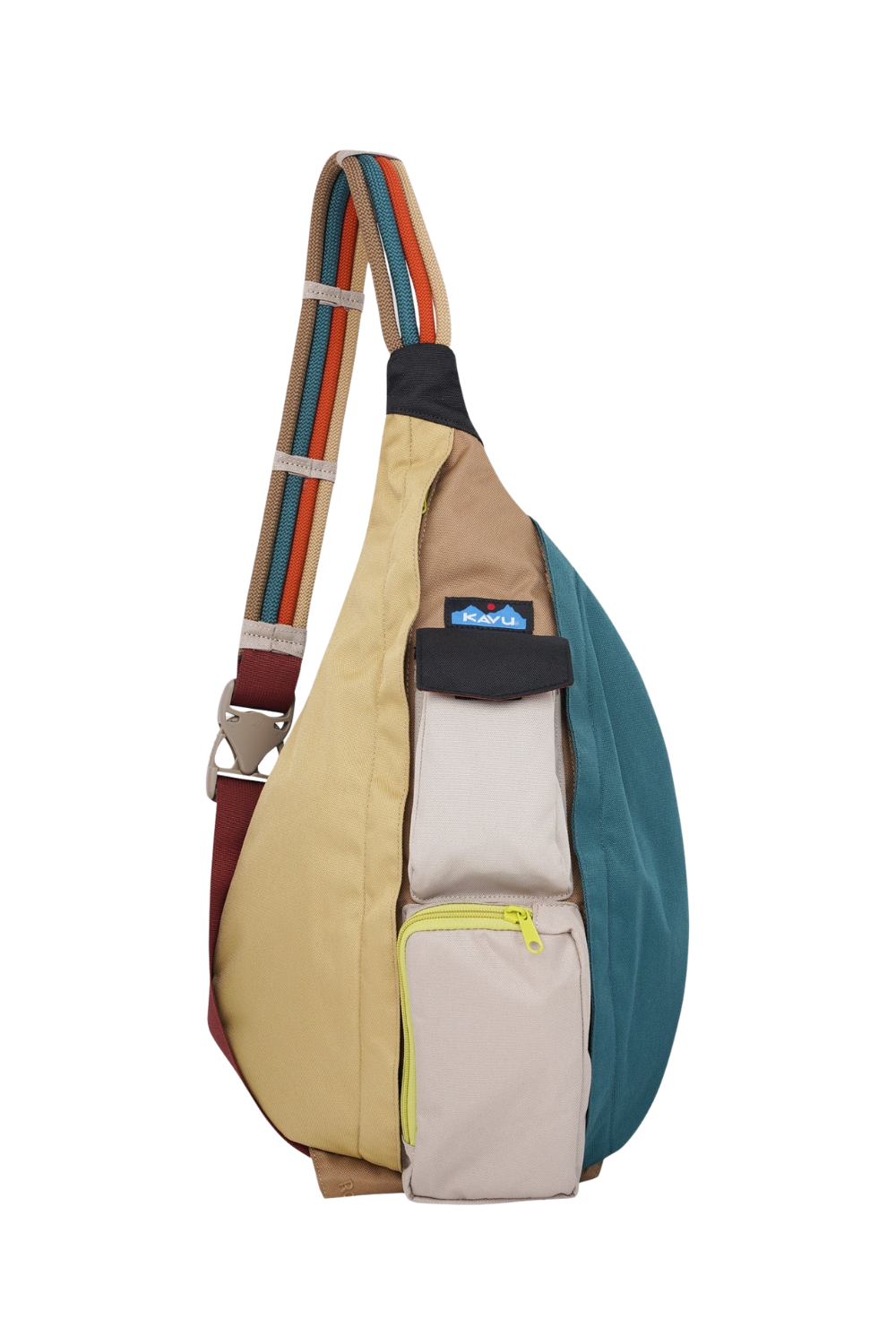A color-blocked sling bag with a beige, teal, and light gray body, featuring a multicolor striped shoulder strap and a small blue brand patch.