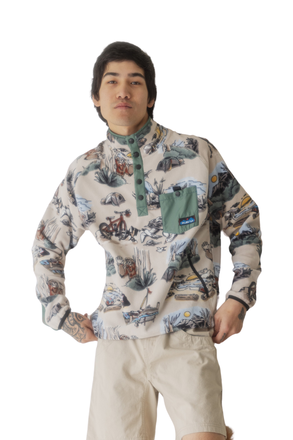 Person wearing a patterned shirt with a white background