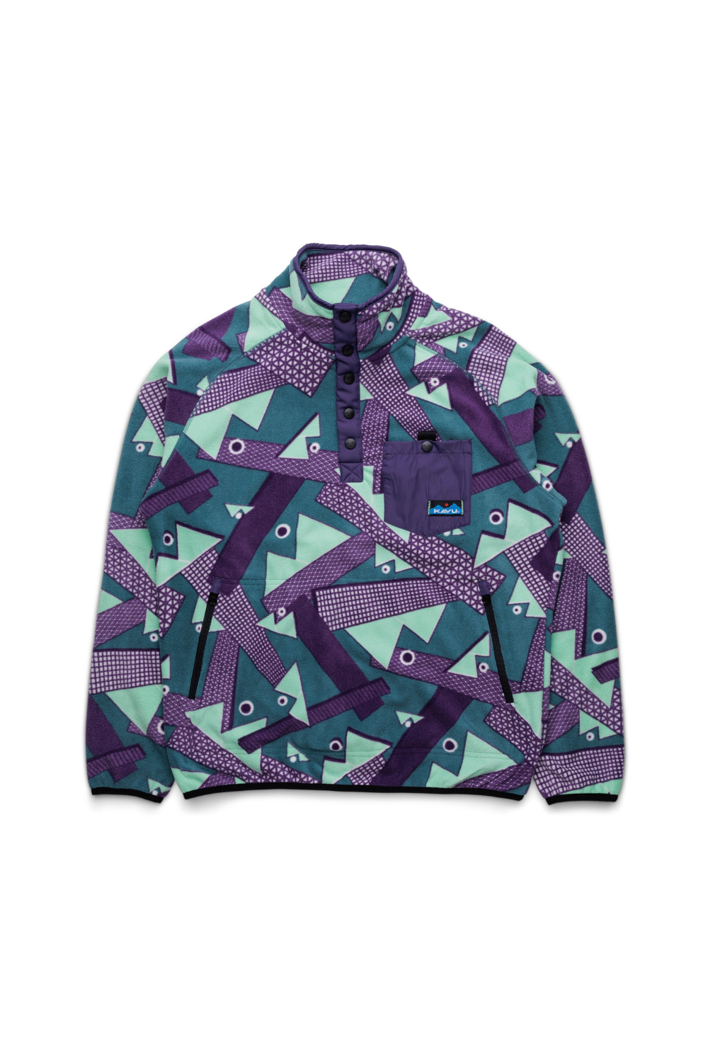 Colorful patterned fleece pullover on a white background