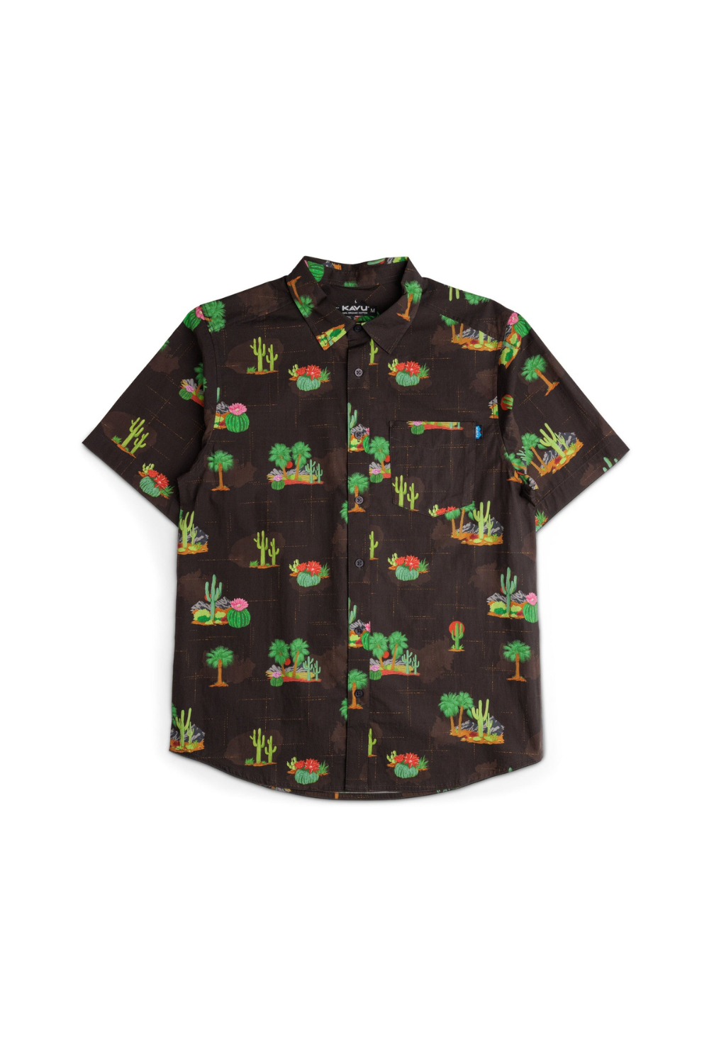 Brown shirt with colorful cactus pattern on a white background
