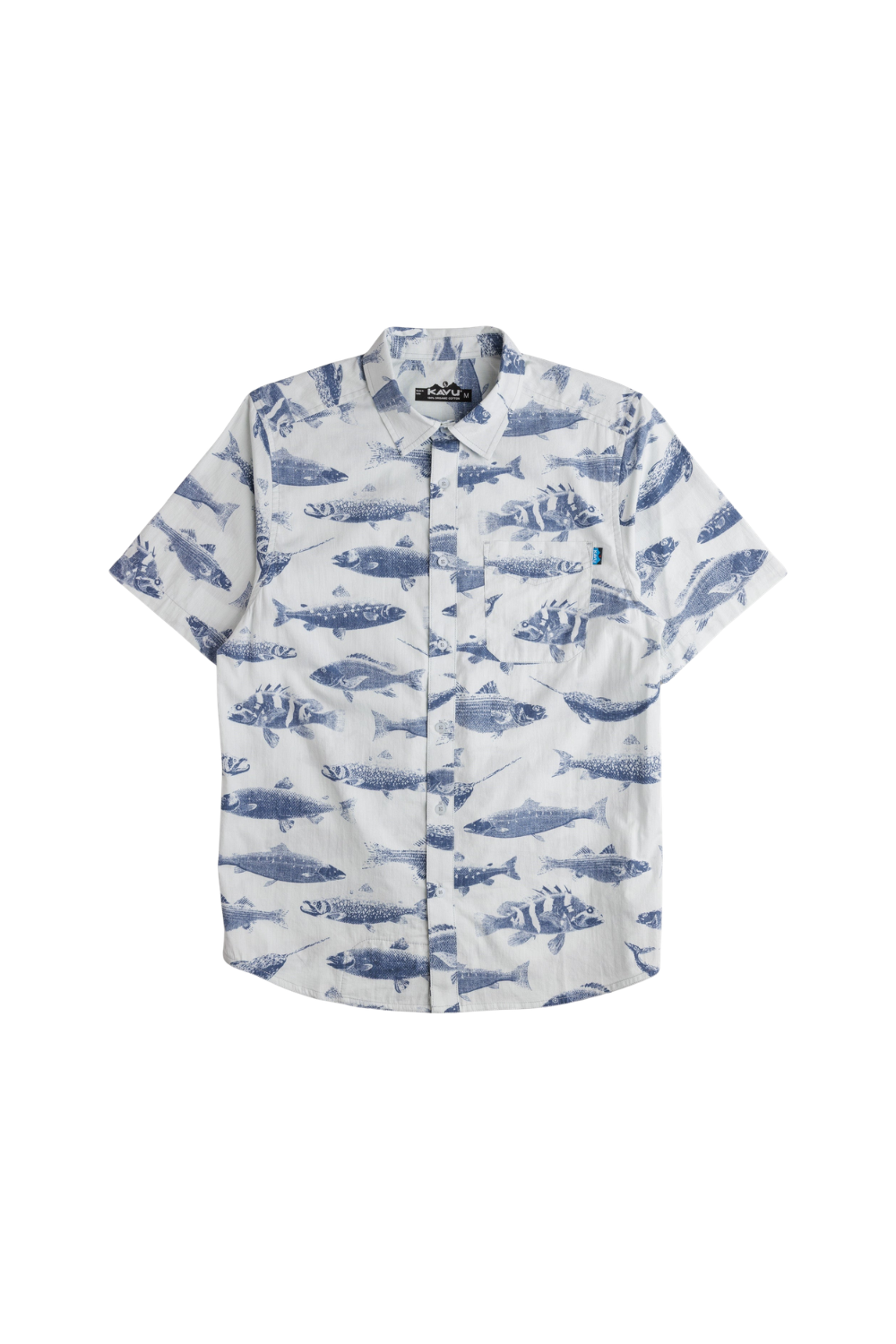White shirt with blue fish pattern on a white background