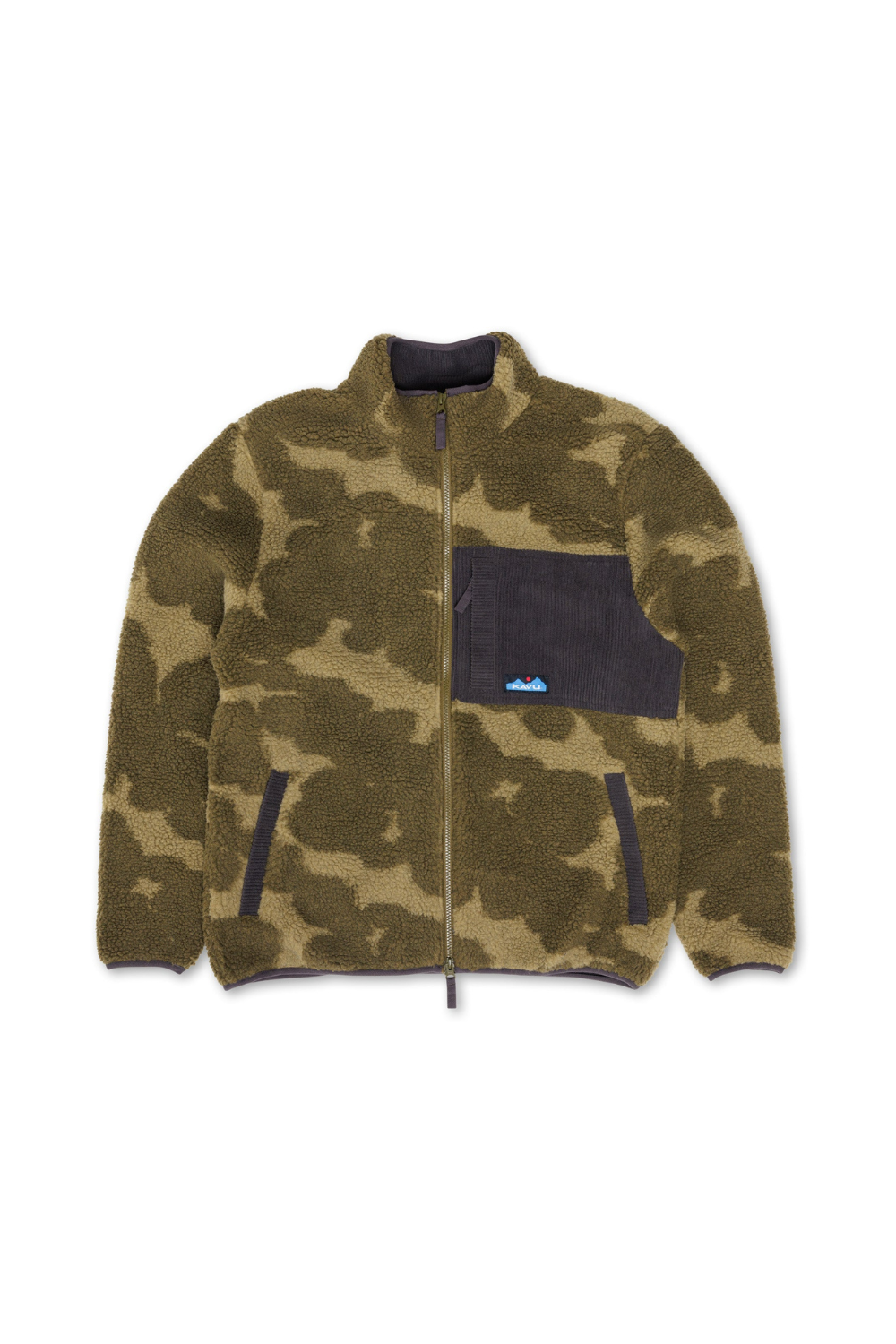 A fleece zip-up jacket featuring an olive green and brown camouflage pattern, with a solid dark navy chest pocket and matching dark navy trim on the collar, zipper placket, and hand pockets. A small blue and white logo patch is visible on the chest pocket.