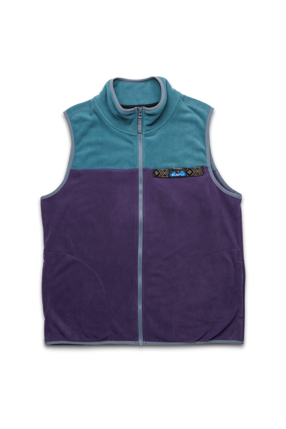 Two-toned fleece vest in purple and teal with a Kavu label on the chest