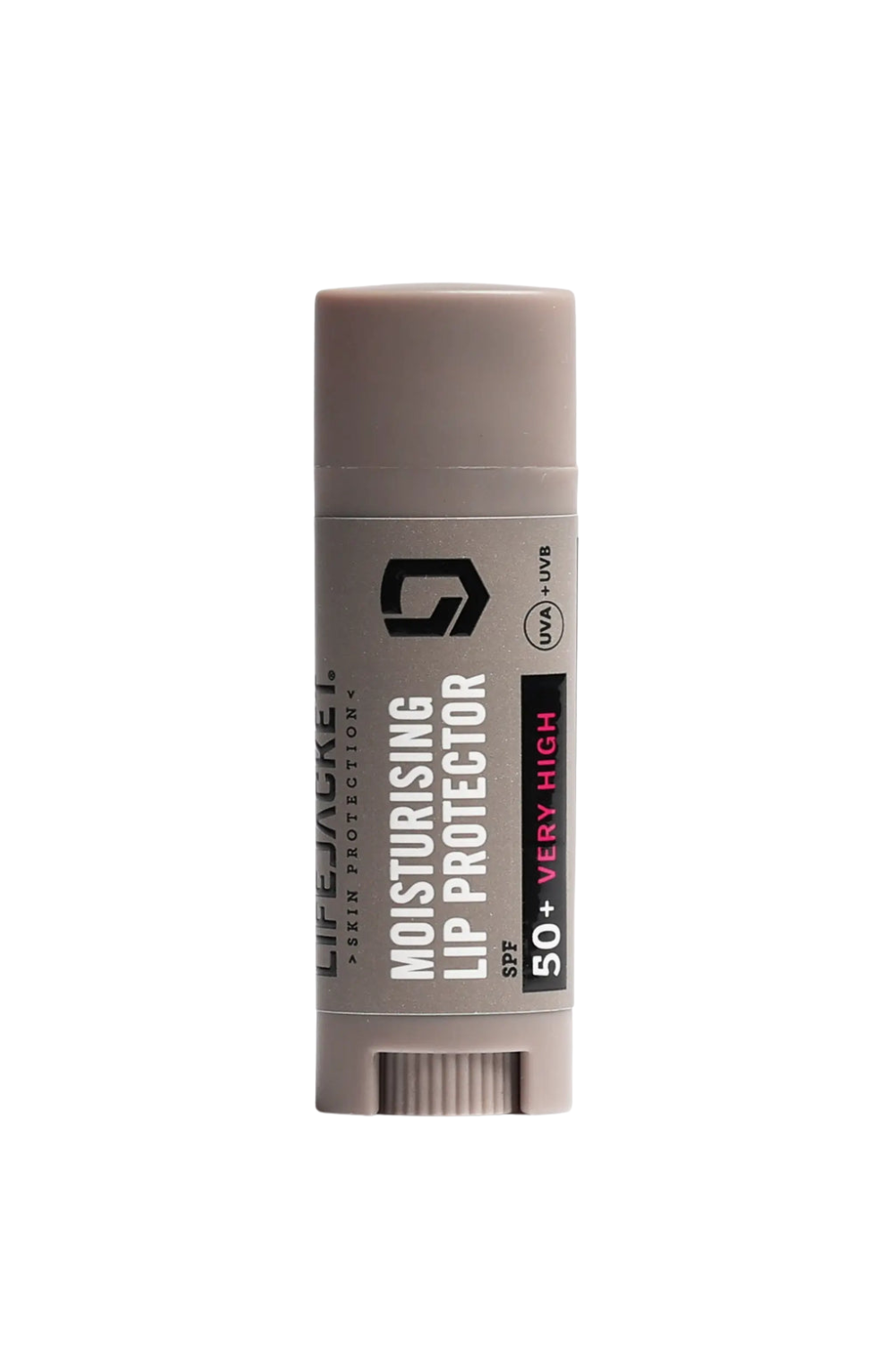Moisturising lip protector stick with SPF 50+ on a white background