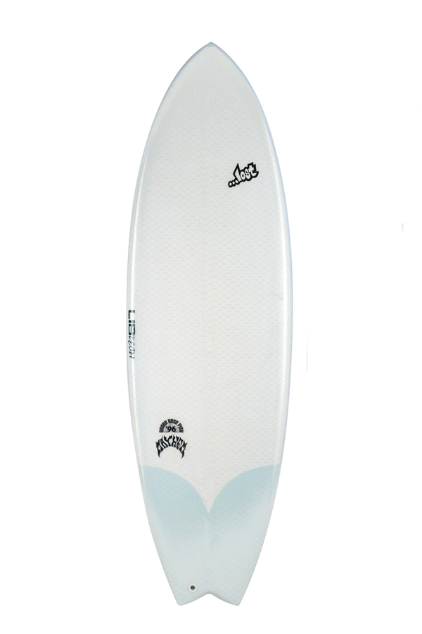 White and light blue Lost Lib Tech round nose fish surfboard