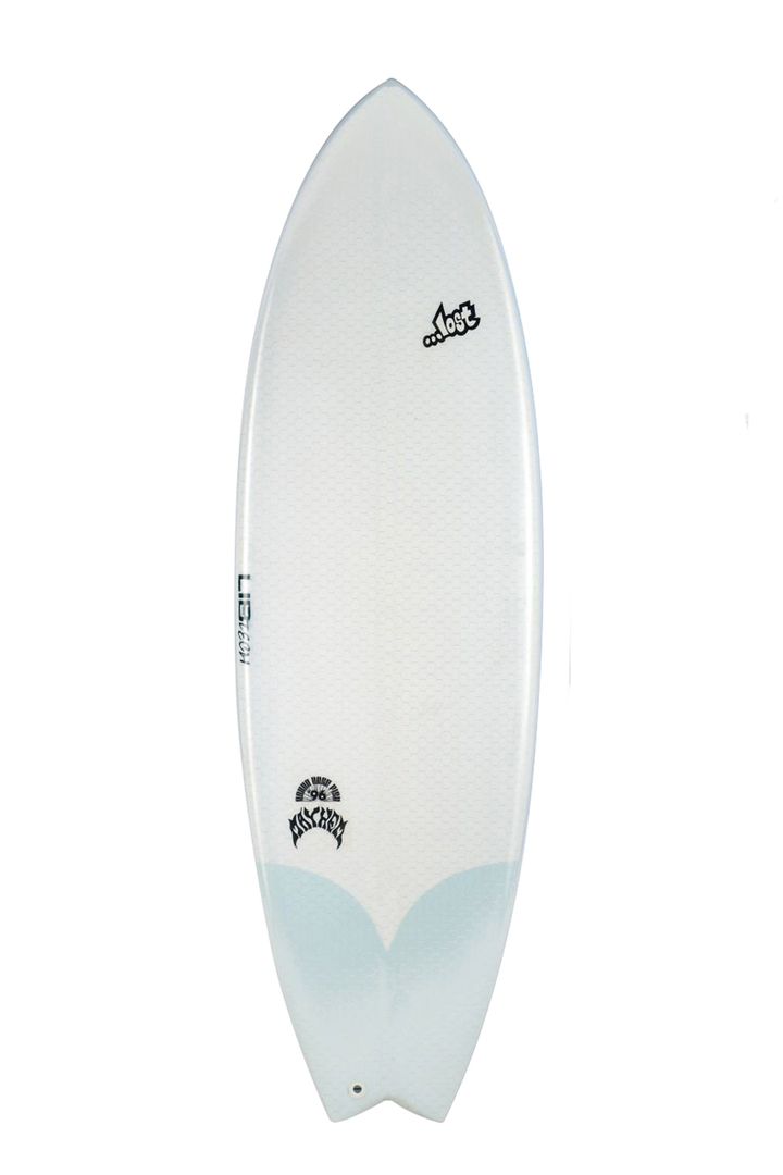 White and light blue Lost Lib Tech round nose fish surfboard