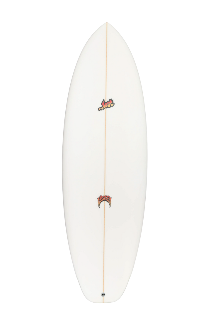 White surfboard with red and black logo on a white background