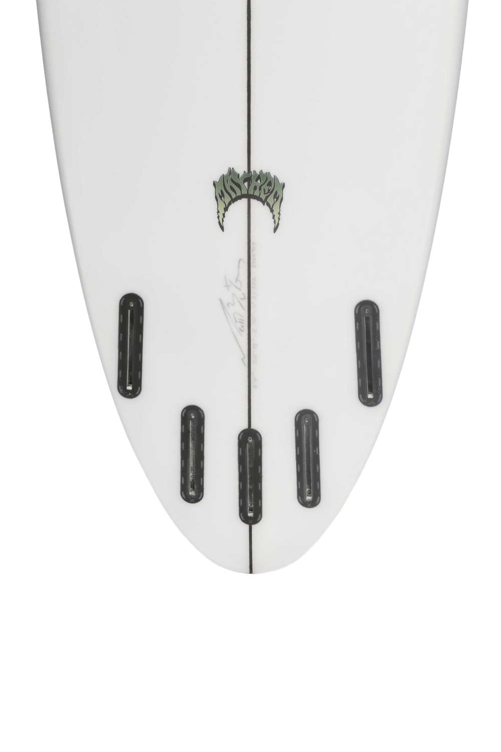 Close-up of a white surfboard with black fins on a white background
