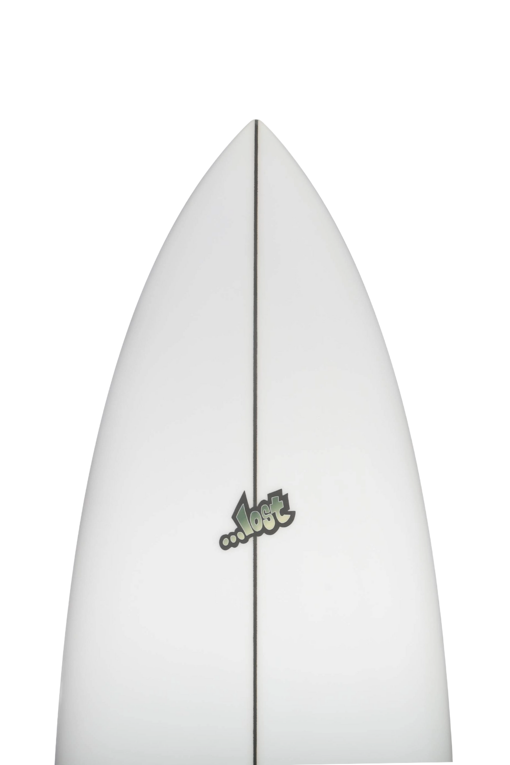 White surfboard nose with a Lost logo on a white background