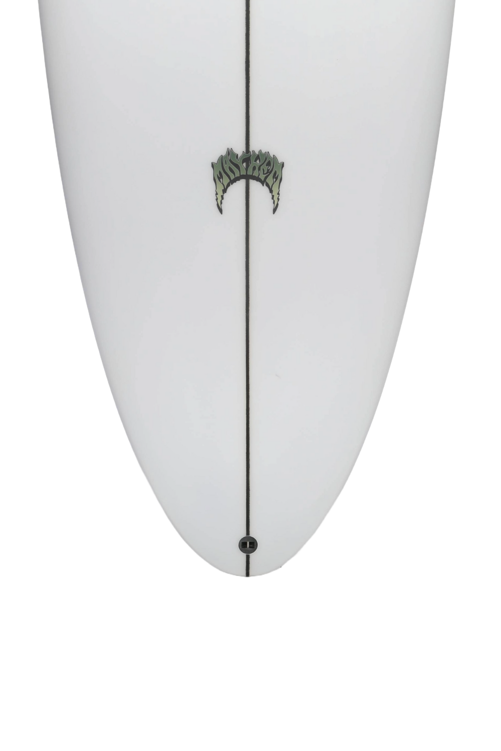 Close-up of a Lost Quiver Killer white surfboard tail with a logo on a white background