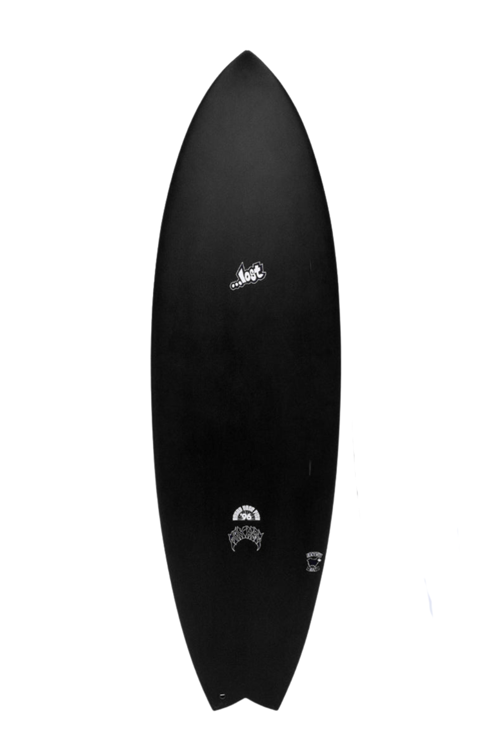 A Lost Round Nose Fish 96 Surfboard - Black Sheep shown on a white background