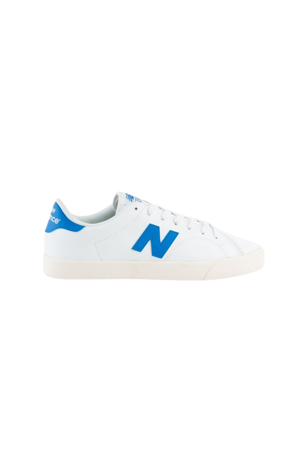 White sneaker with blue accents on a white background