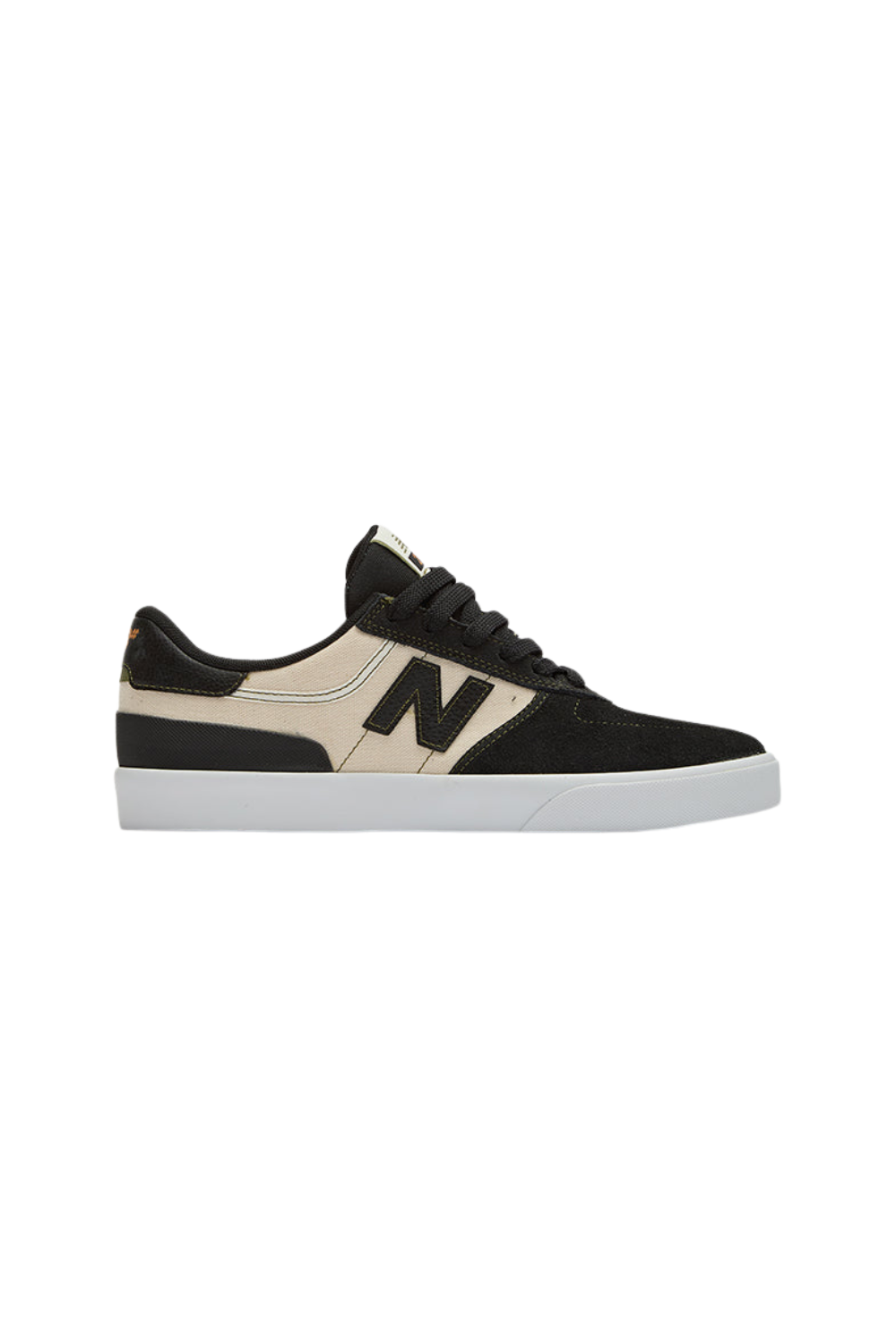A New Balance low-top skate shoe in black suede and beige leather with a white rubber sole, shown from the side profile on a white background.