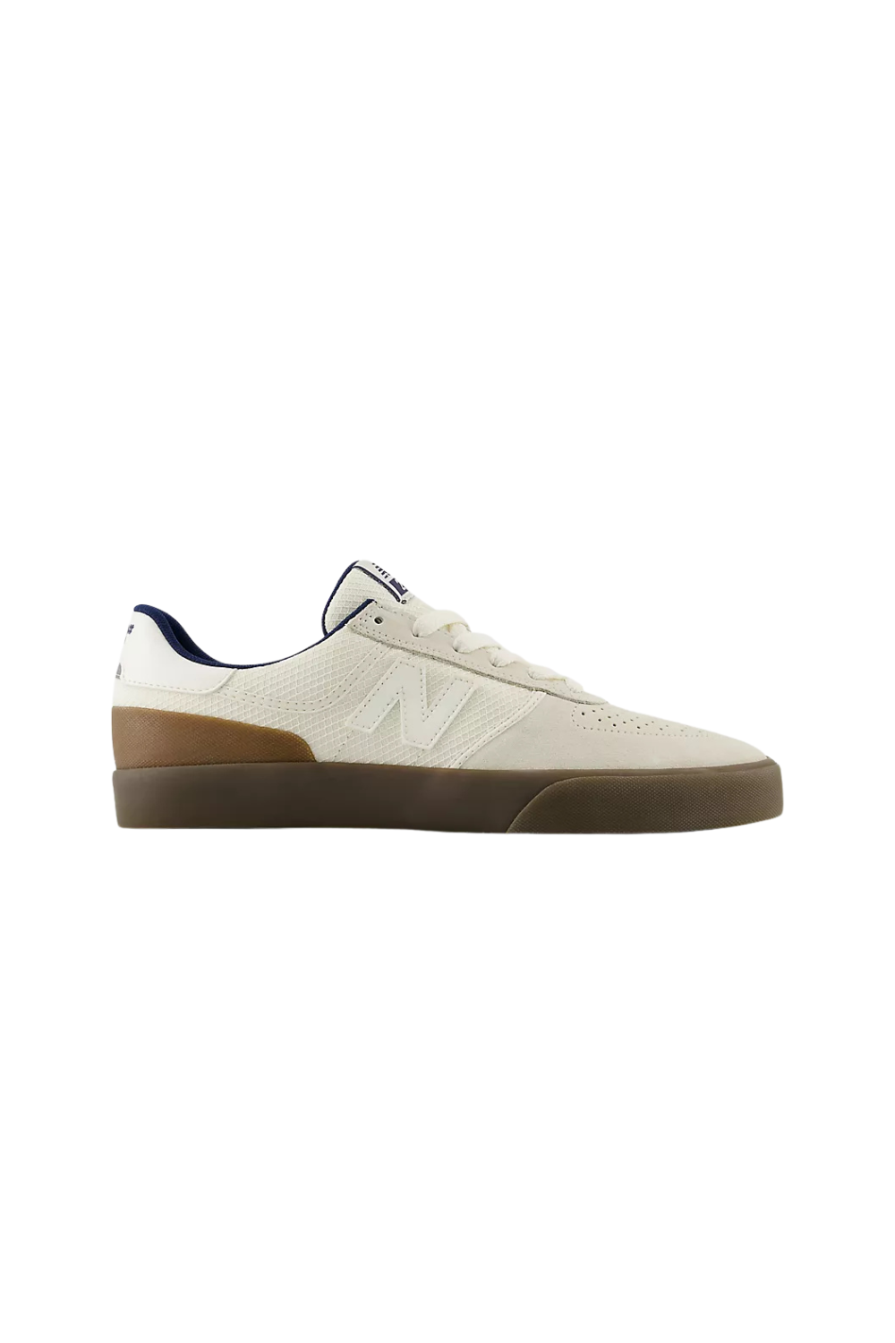 White New Balance sneaker with brown details and rubber sole