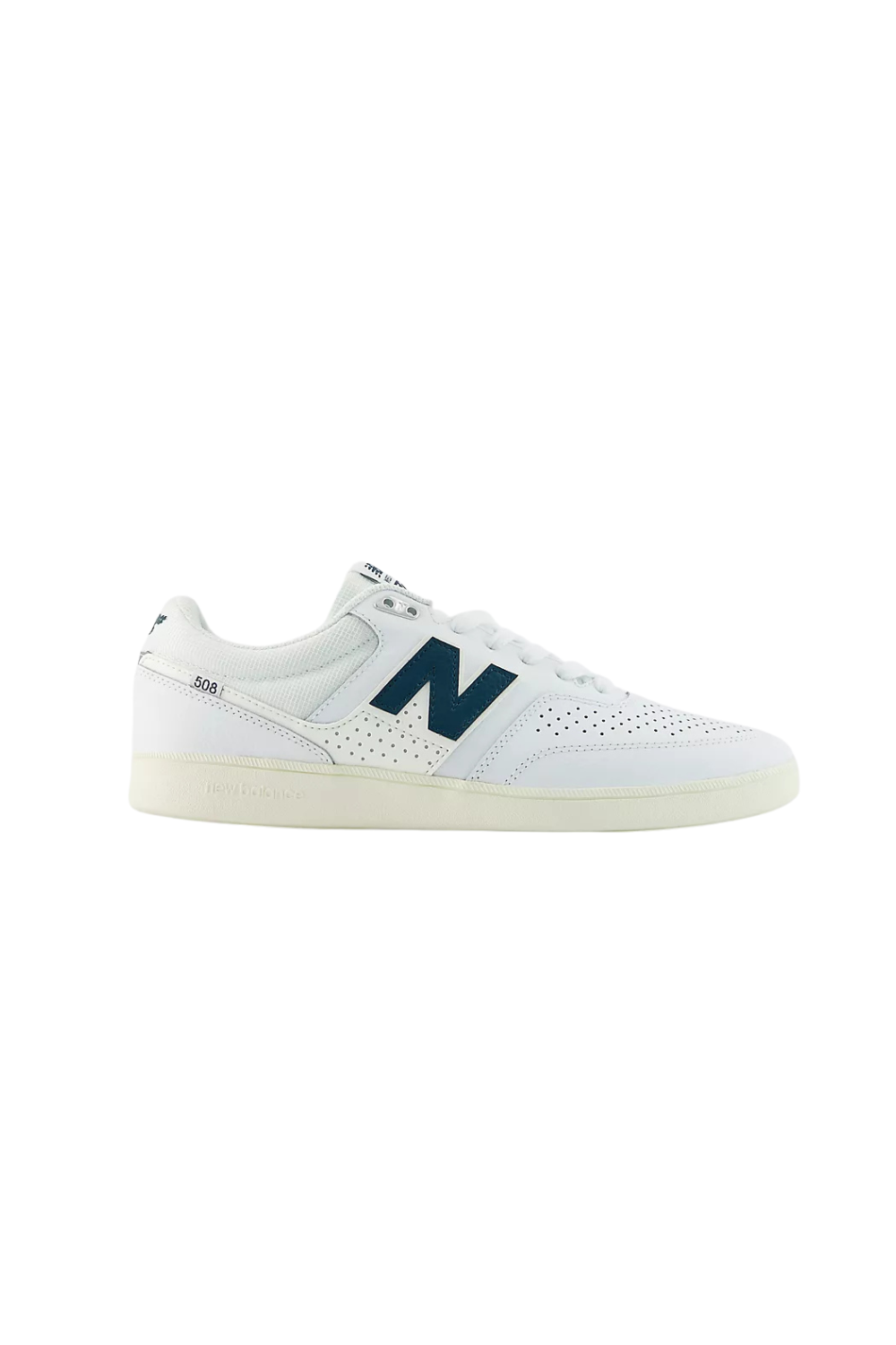 White New Balance sneaker with a blue 'N' logo on a white background