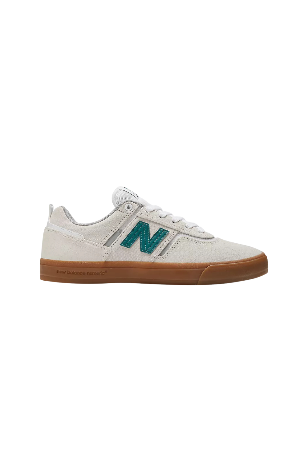 A New Balance low-top sneaker in off-white suede with a teal 'N' logo, white laces, and a brown gum sole, shown against a plain white background.