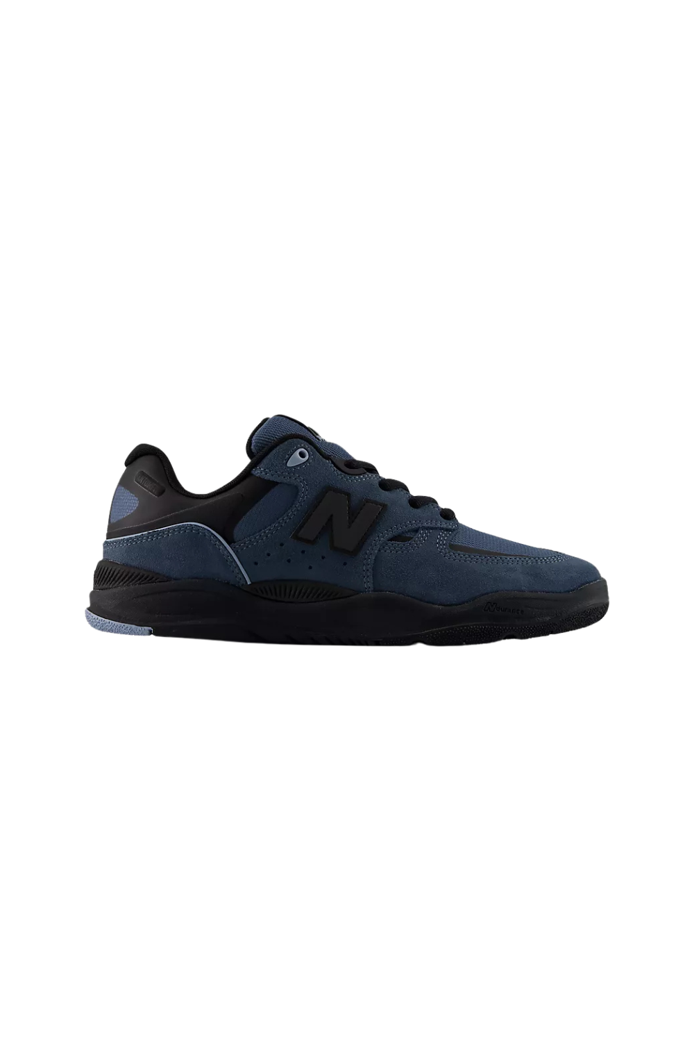 A dark navy and black leather low-top 'New Balance' sneaker shown in a side profile view against a solid white background.