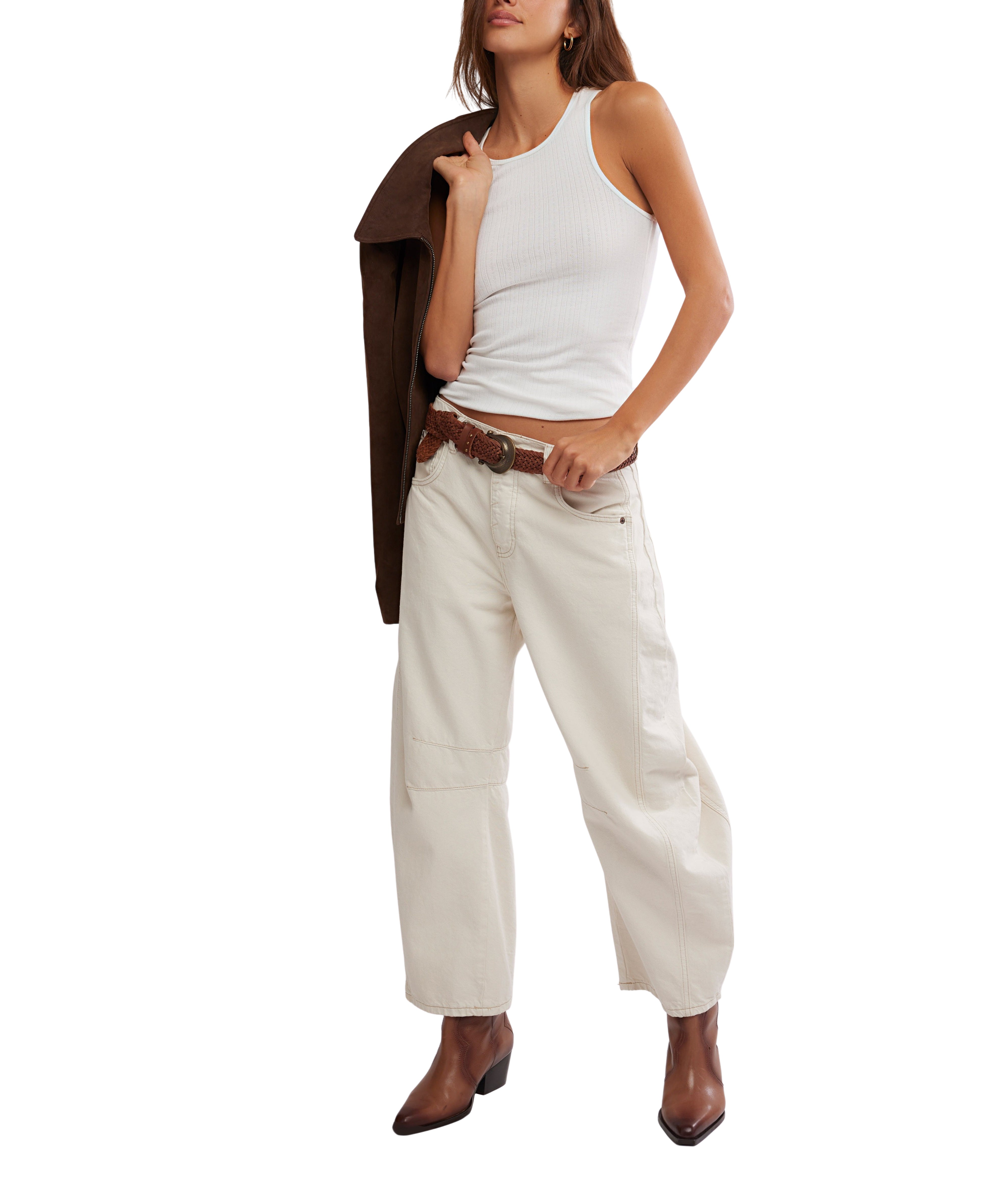 Free People Good Luck Mid Rise Barrel Jeans Milk