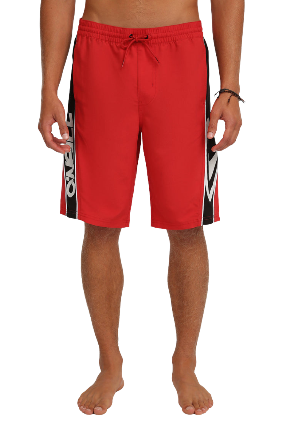Red swim shorts with black and white logo on a white background