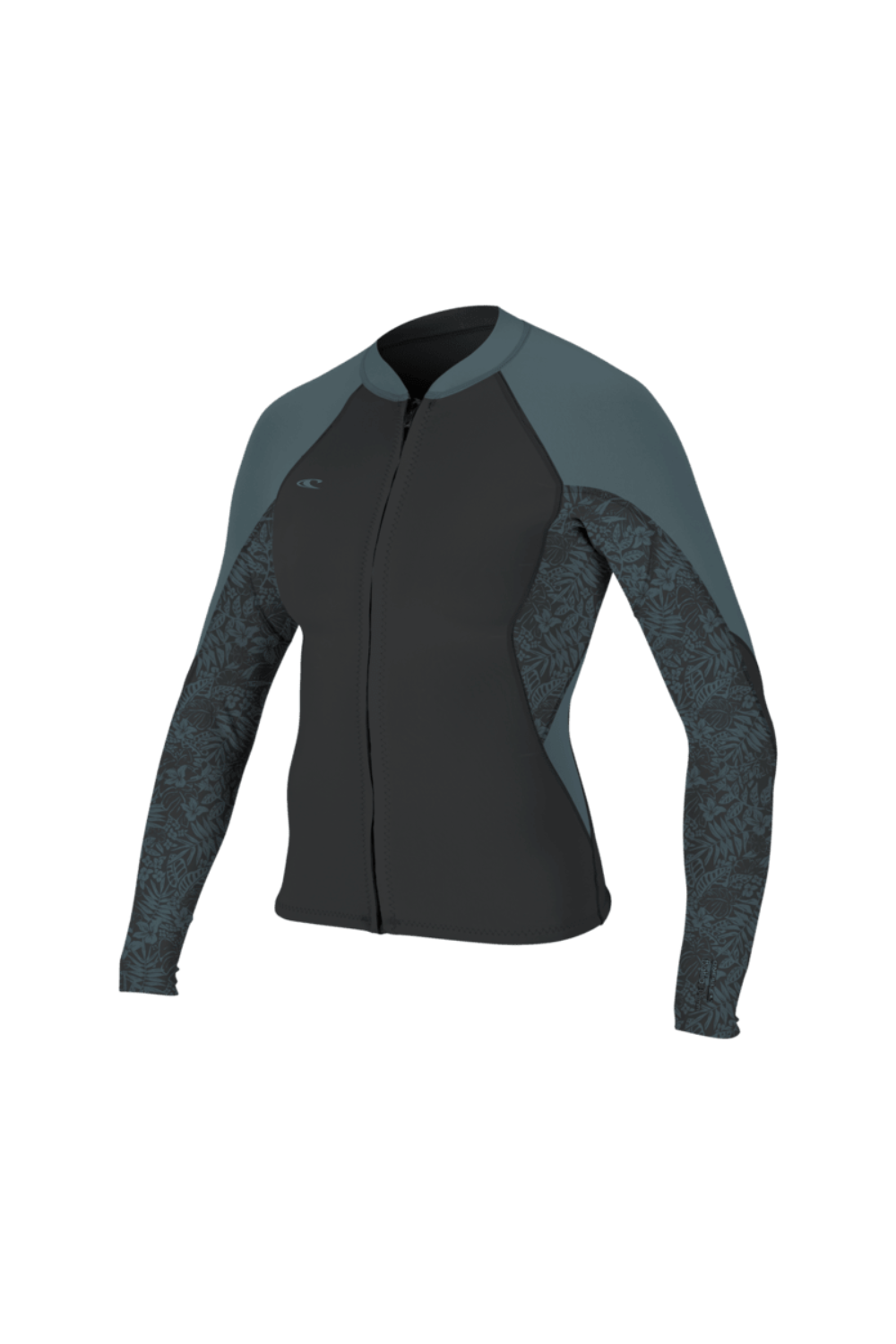 Black and grey womens wetsuit jacket on a white ackground